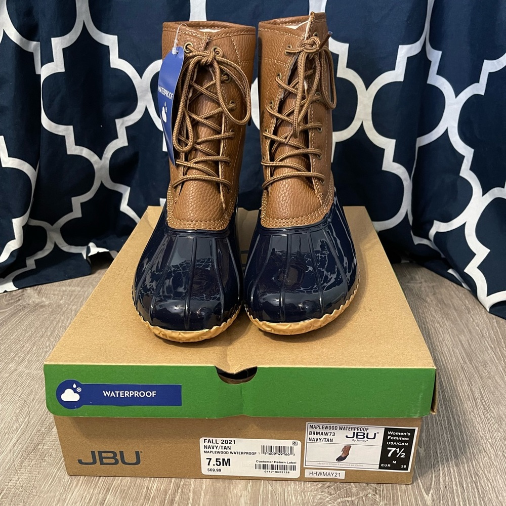JBU Maplewood Waterproof Duck Rain Boots Navy/Tan Women's 7.5M